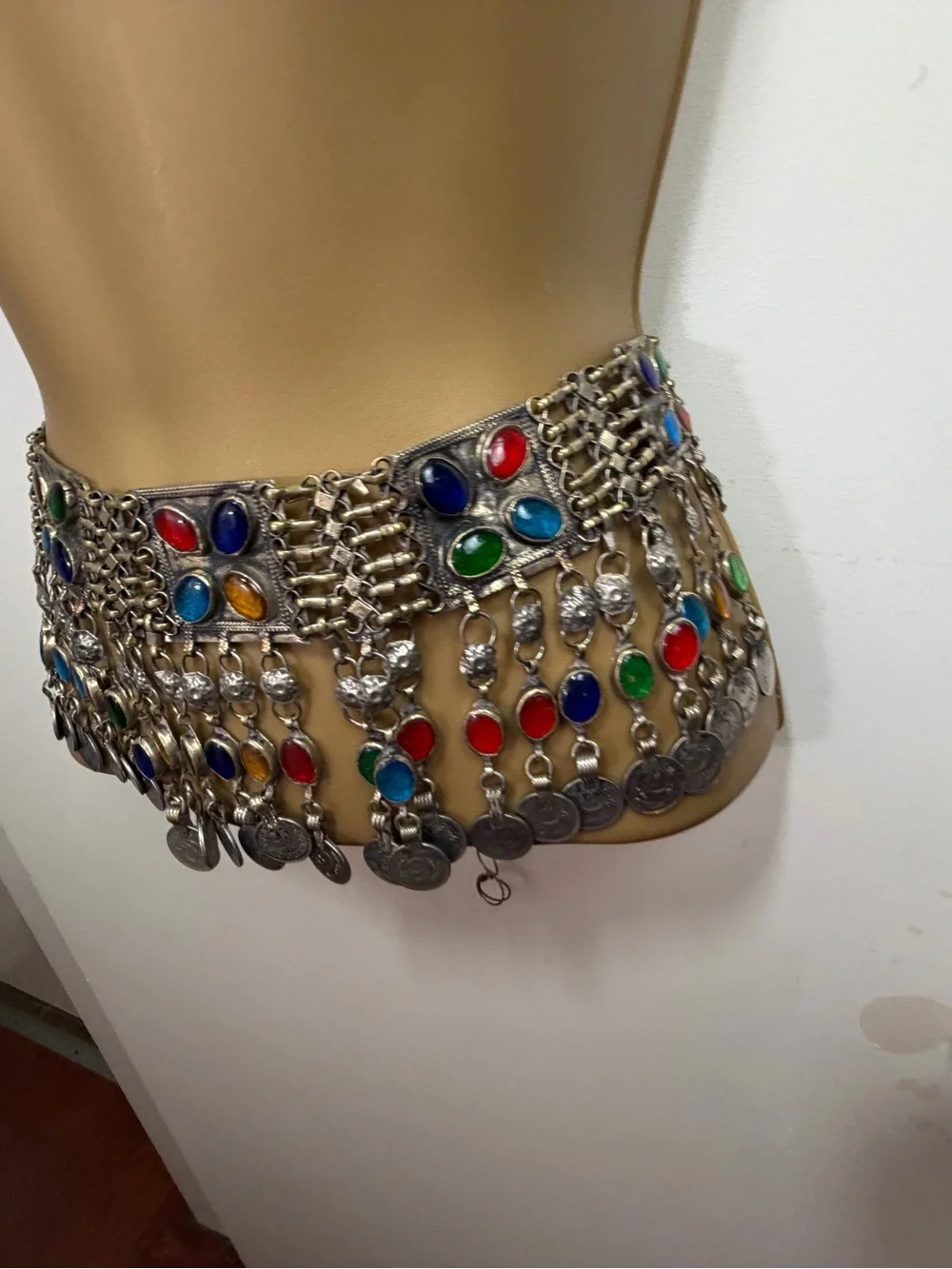 Vintage Kuchi Multicolor Glass Stones Tribal Boho Festival Dangling Coin Belt